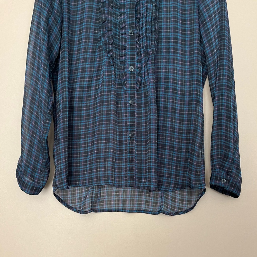 {American Eagle} Plaid Semi-Sheer Button Down Shirt with Ruffle Trim - Medium - Picture 3 of 9